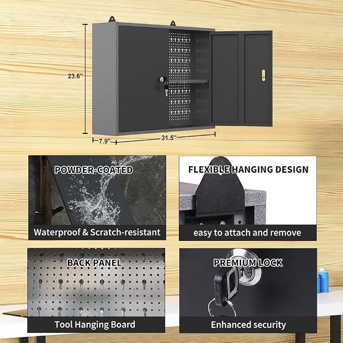 JZD Steel Hanging Upper Garage Cabinets with 22 Tool Hooks, Wall Cabinet for Tool Organization, Black & Grey