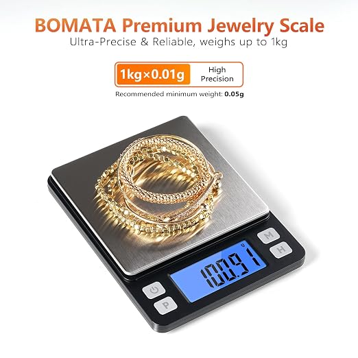 BOMATA 0.01g High Precision Jewelry Scale, 1000g Digital Gram Scale with Hold, Tare & Counting Function, Small & Portable Design for Gold, Bullion, Coins, Gemstones & Crafts, Black