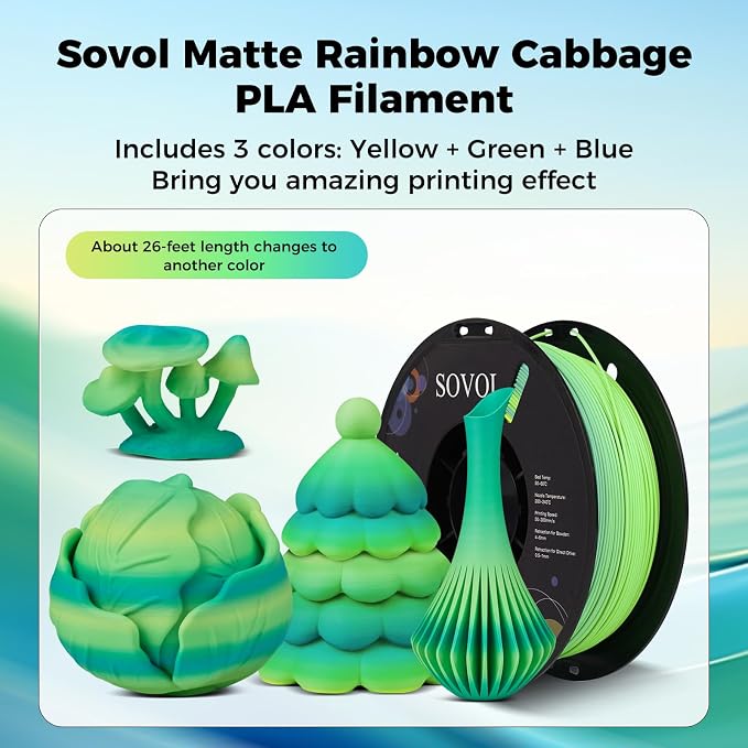 Sovol 3D Printer Matte Multicolored Fast Change Gradient Rainbow PLA 1kg (2.2 lbs) Spool 3D Printing Materials, Dimensional Accuracy +/- 0.03 mm, 1.75 mm, Matte Cabbage