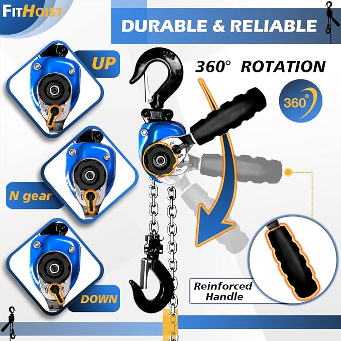 Mini Chain Hoist 1/4 ton 550Lbs Capacity 5ft Lift Manual lever chain hoist Alloy Steel G80 Chain 2 Heavy Duty Hooks, for Garages Warehouse Automotive Machinery