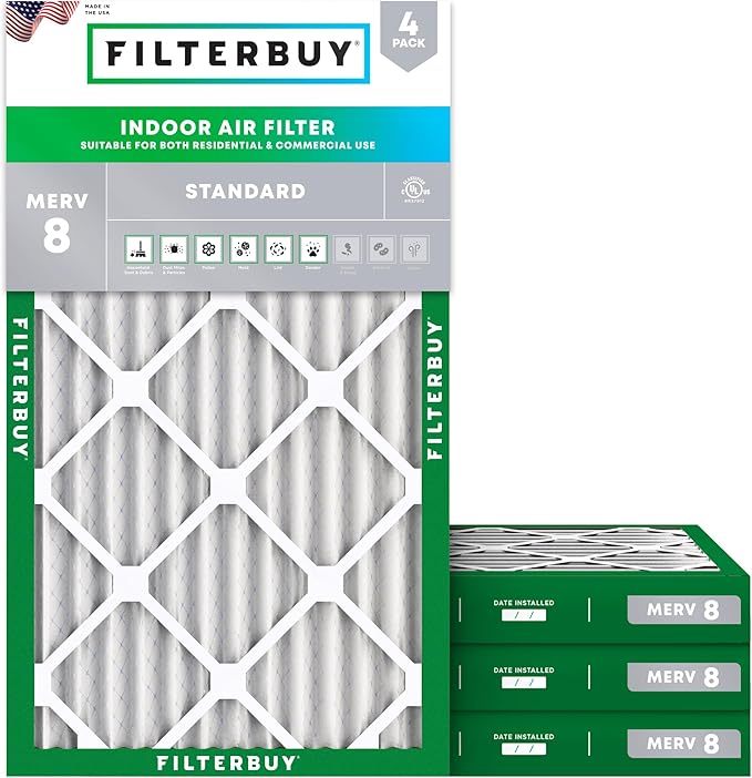 Filterbuy 10x20x2 Air Filter MERV 8 Essential Dust & Allergy Defense (4-Pack), Electrostatic Pleated HVAC AC Furnace Filters Replacement, Made in USA (Actual Size: 9.50 x 19.50 x 1.75)