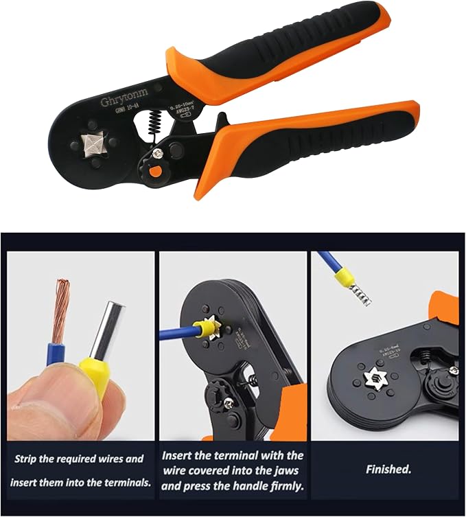 Ferrule Crimping Tool Kit, AWG 10-6 Self-adjustable Ratchet Wire Ferrule Crimper Plier Set with 1800pcs Red Copper Wire Terminals Crimping Connectors Wire Ends Ferrules, Black/Orange