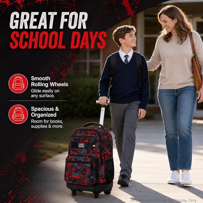 3Pcs Rolling Backpack for Boys Men, Travel Wheeled Backpacks for Adults, Teens College Roller Bookbag with Wheels for Men(Red)