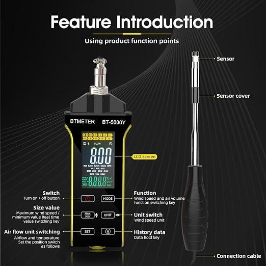 BTMETER Hot Wire Anemometer - CFM/CMM Digital Air Flow Meter, Wind Speed Meter Measure 0.2~67Mph, Thermal Anemometer with 360° Revolve Telescopic Probe for HVAC Duct Air Vent BT-5000Y