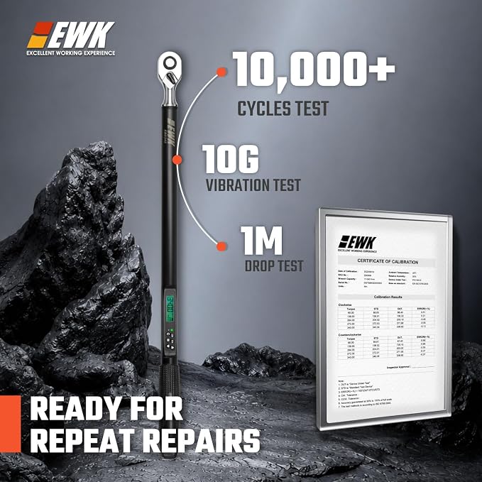 EWK 1/2" Drive Digital Torque Wrench 12.5-250 ft-lbs (17-340 Nm), High-Precision and Easy-to-Read, ±1.5% Accuracy for Car, Truck, Motorcycle & DIY Repairs | ISO 6789, ±1.5% clockwise / ±2.5% counterclockwise, LCD Display, LED Buzzer Vibration Alert, 30...