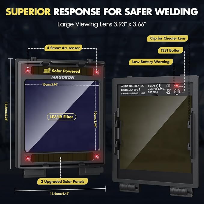 Auto Darkening Welding Helmet Large View 3.94" x 3.66", True Color Welding Hood Optical Clarity, 4 Arc Sensor Solar/Battery Powered, Wide Shade 3.5/5-9/9-13 Welder Mask for TIG MIG ARC Cut Grind
