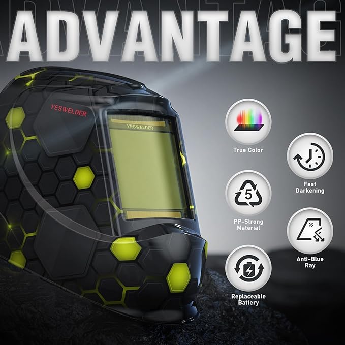 YESWELDER Large View Auto Darkening Welding Helmet, Blue Light Blocking, 1/1/1/1 True Color Solar Powered Welder Hood Mask with 4 Arc Sensors, Wide Shade 3/5-9/9-13 for TIG MIG ARC Cut and Grind