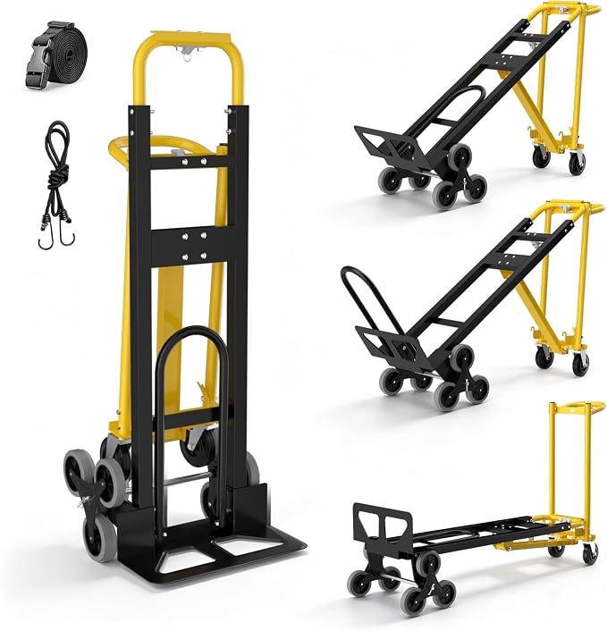 4 in 1 Convertible Hand Truck Dolly Cart with Wheels, 1000Lbs Capacity, Heavy Duty Stair Climbing Hand Trucks with Bungee Cord & Strap for Flat Ground & Stairs, Logistics, Home, Office, Yellow