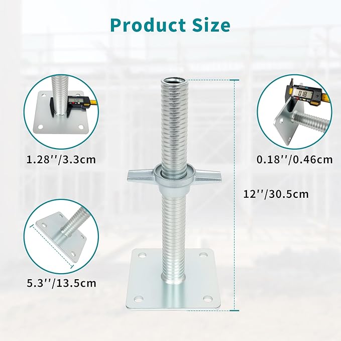 12" Adjustable Scaffolding Leaveling Jack, Galvanized Steel Hollow Screw Jack with Base Plate, 4 Pack