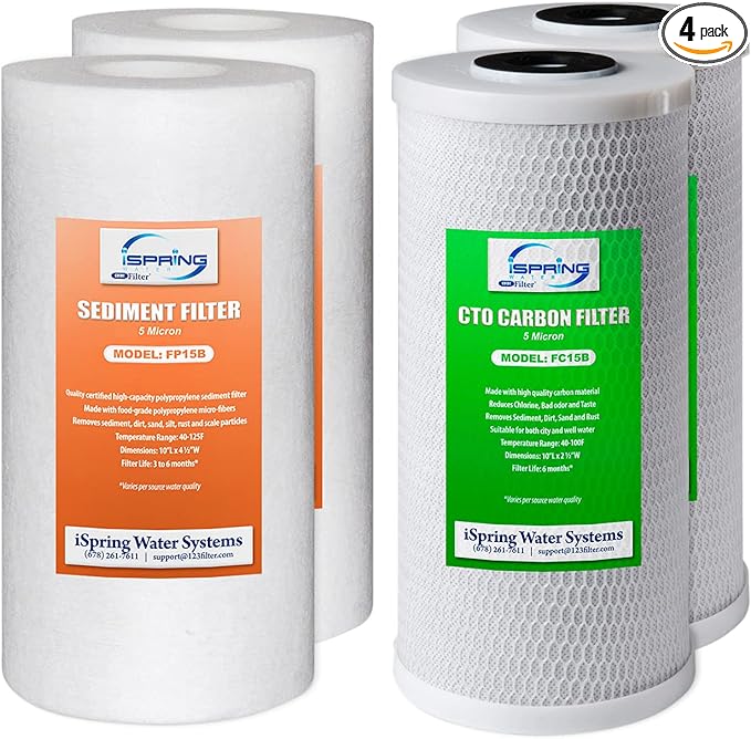 iSpring F4WGB21B Whole House Water Filtration High Capacity Sediment and CTO Carbon Block Water Filter Replacement Cartridge Pack Set for WGB21B, 4.5"x10"