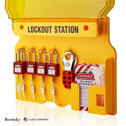 Lockout Tagout Station Kit with 5 Safety Padlocks and 2 Hasps | Wall-Mounted LOTO Organizer with 25 Lock Out Tag Out Tags and Ties for Maintenance Teams, Workshops and Industrial Facilities