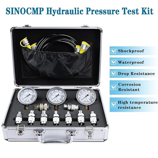 Hydraulic Pressure Test Kit with 3 Gauges 25/40/60 Mpa, 9 Couplings, 3 Test Hoses, Hydraulic Gauge Tester Set for Excavator Construction Machinery