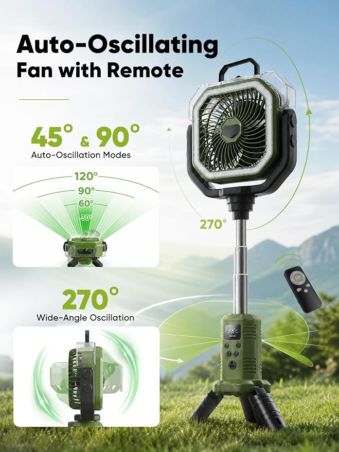 Portable Misting Fan, Rechargeable Camping Fan with 400ml Tank, 20000mAh Battery, Remote Control, LED Light, 4 Speeds, Oscillating Outdoor Fan for Tent, Patio, Beach, RV, Garage, Indoor Outdoor, Green