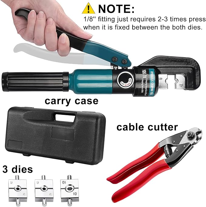 Steel DN Mate Hydraulic Crimping Tool/Hydraulic Crimper with Cable Cuttter for Stainless Steel Cable Railing Hardware,Battery Cable Crimping Tool for 1/8", 5/32" to 3/16" DC02