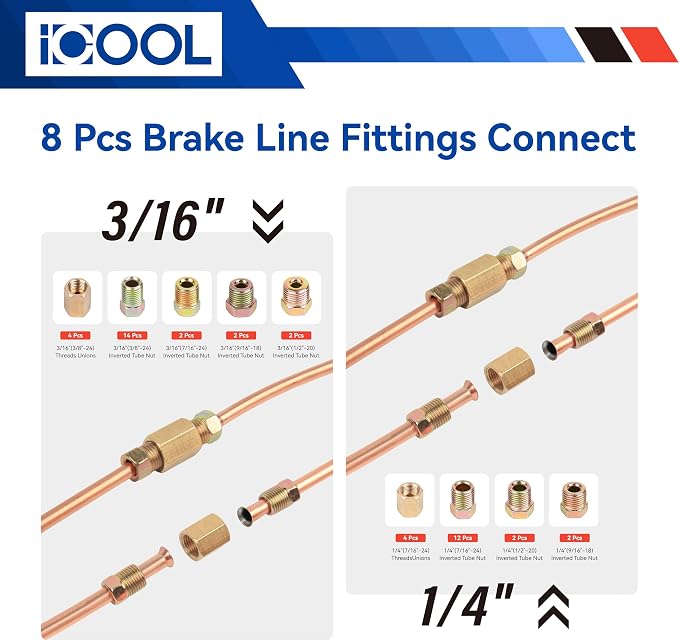 ICOOL 25 ft 3/16" and 1/4" Copper-Plated Brake Line Flaring Tool Kit with 20 Fittings and 4 Unions Brake Line Fittings, Brake Line Kit with Tube Bender and Reamer