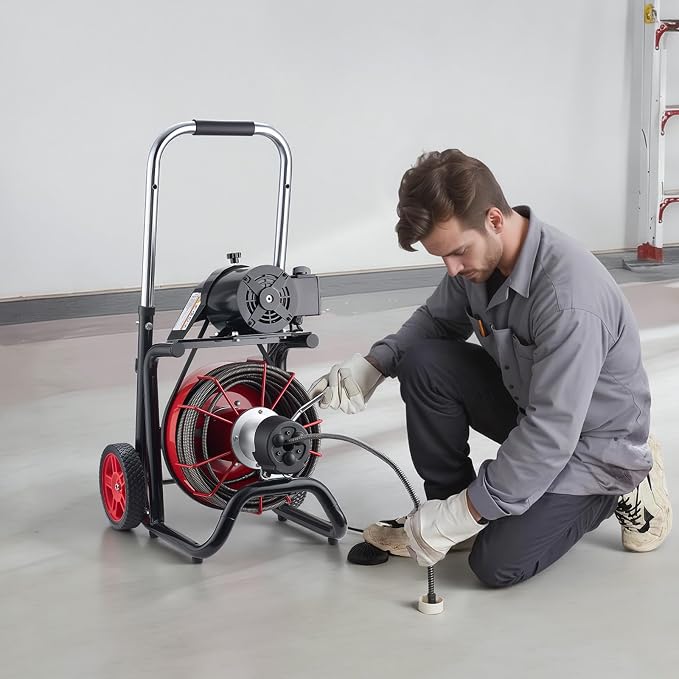 VEVOR Drain Cleaner Machine 100 FT x 1/2 Inch, Auto Feed Sewer Snake Auger on Wheels - with 8 Cutters & Air-Activated Foot Switch for 2" to 6" Pipes