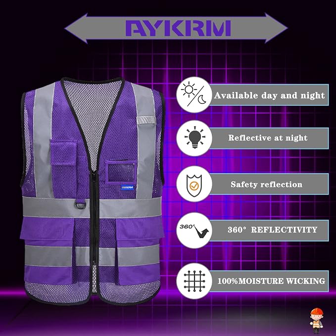 A-SAFETY Hi-Vis Mesh Vest, Clear ID Holder, Black Front Zipper, Purple, XL | Purple XL mesh safety vest with reflective strips, mic tabs and 7 pockets for laboratory safety; available in 21 colors.
