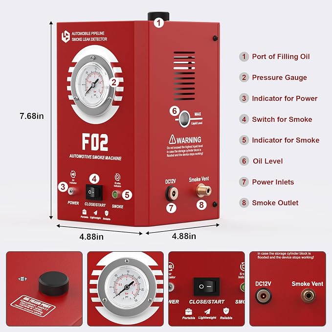 Smoke Machine Automotive with Pressure Gauge, F02 Pro EVAP Built-in Air Pump, Smoke Leak Detector Tester for Car & All 12V DC Vehicles in Vacuum, Fuel Diagnostic Pipe System, (Oil Not Included)