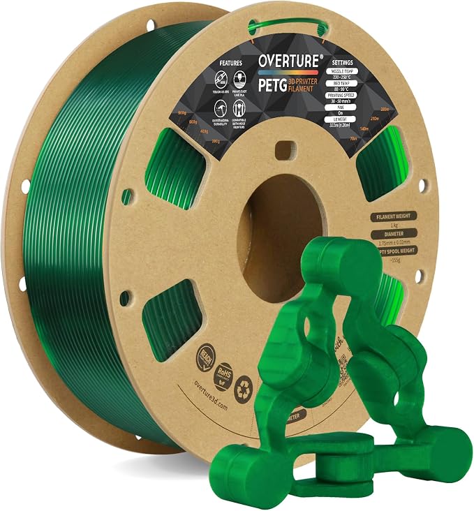 OVERTURE Clear PETG Filament 1.75mm, PETG Transparent Green,1kg Filament(2.2lbs), Dimensional Accuracy 99% Probability +/-0.03mm, Fit Most FDM Printers