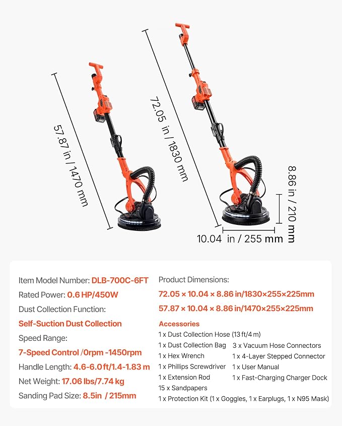 VEVOR Cordless Drywall Sander, 450W Electric Sander, Popcorn Ceiling Removal Tool with Vacuum Dust Collection, 7 Variable Speed 0-1600 RPM, LED Light, Foldable & Extendable Handle, 15 Sanding Discs