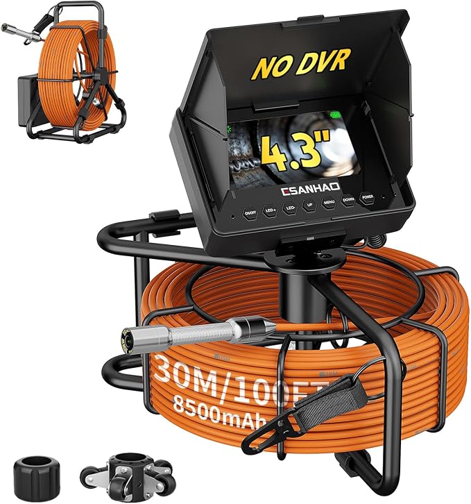 Sewer Camera 100FT/30M Borescopes Plumbing Snake Pipe Inspection Camera 22mm with 8500Mah Battery 4.3" IPS Screen 12 LEDs HD 1000TVL (22MM NO DVR Function)