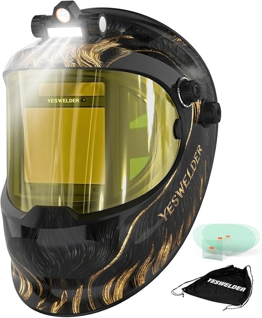YESWELDER Auto Darkening Welding Helmet with SIDE VIEW and LED, 180° Panoramic View, 1/1/1/1 True Color Solar Powered Welder Hood, Wide Shade 3/5-9/9-13 Welder Mask for TIG MIG ARC CUT and GRIND