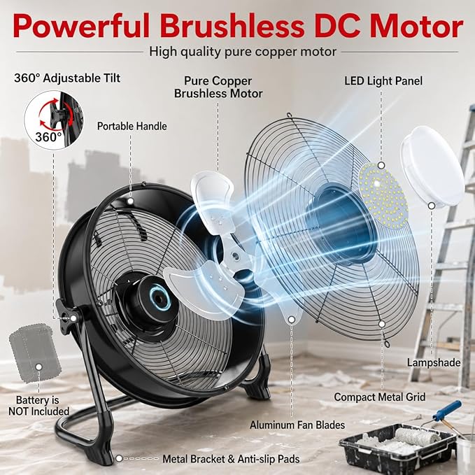 12" Battery Operated Floor Fan with Light Compatible with Milwaukee M18 18V Battery, Portable Fan with AC Adapter and USB Output, Metal High Velocity, Stepless Speed Cordless Fan for Jobsite Camping