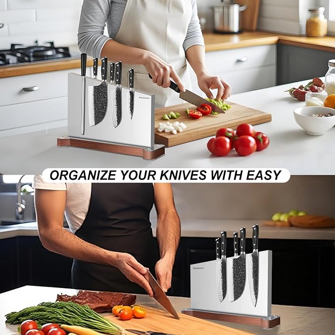 Large Magnetic Knife Block Holder Without Knives for Kitchen Counter, Stainless Steel Material Magnetic Knife Storage Stand Rack with Strong Double Sided Magnet and Wood Base - 16.15 x 11 Inches