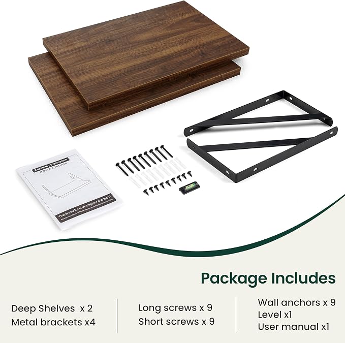Floating Shelves 12 Inch Deep, 16W x 12D Wall Shelf Set of 2, 35 lbs Heavy Duty Reversible Metal Brackets, Deep Industrial Book Shelf for Living Room Kitchen Bath Bedroom Coffee Bar, Walnut