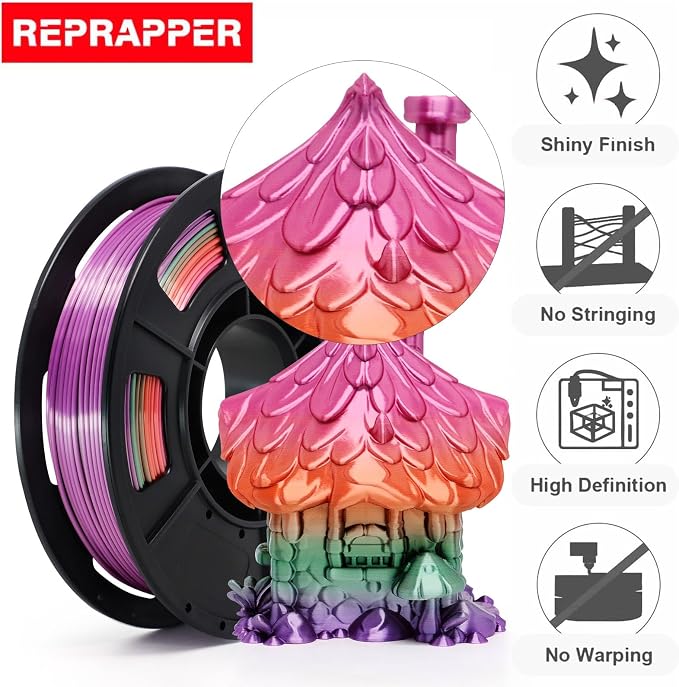 RepRapper Rainbow PLA Filament, Shiny Multicolor Silk PLA 1.75 mm Filament (+-0.03 mm), Sparkle Fast Change Multi-Color 250g*4 Sample Pack 3D Printer Filament for 3D Printer，250g*4