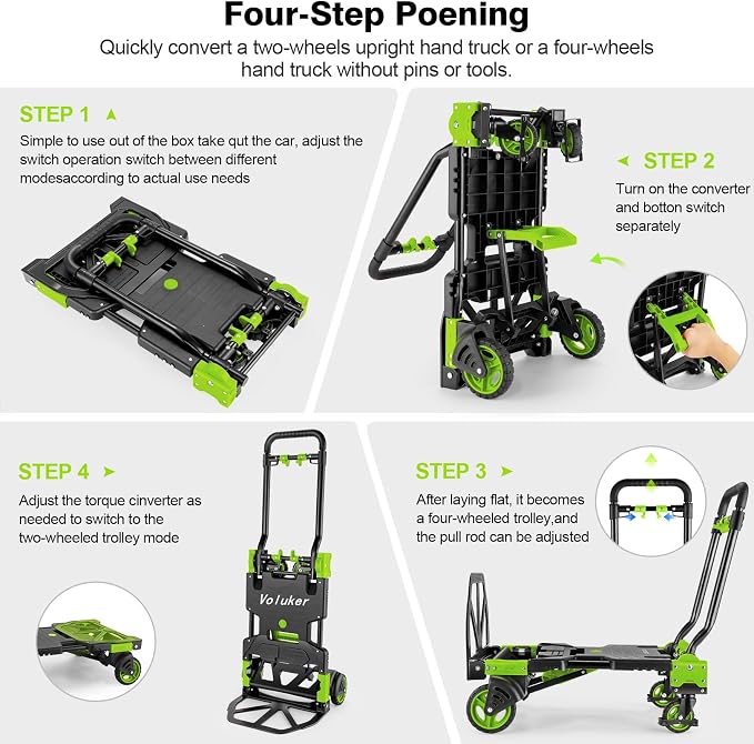 330LB Folding Hand Truck Moving Dolly, Hand Trucks Heavy Duty Combination of 4 Wheels and 2 Wheels Convertible Dolly Cart with Retractable Handle Dolly for Moving Office Carts(Green)