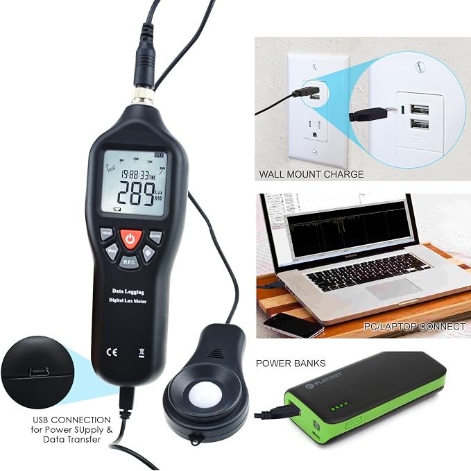Digital Lux Meter 0-200,000 Lux – USB Data Logger for Windows 10/8/7/Vista/XP, 21,000 Memory, Auto-Ranging, Backlit Display, Fc/Lux Switchable, Detachable Sensor