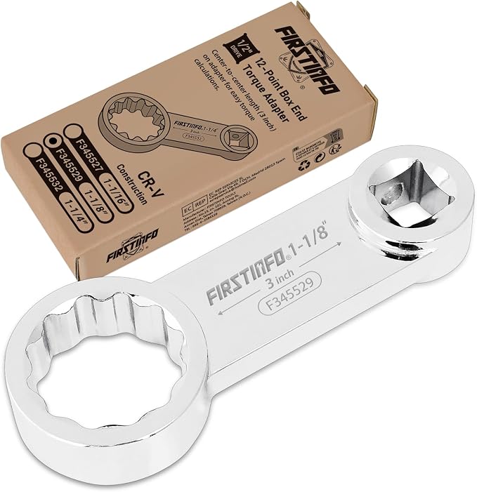 FIRSTINFO 1/2-inch Drive 1-1/8" 12-Point Box End Torque Adapter | 3 in center-to-center length • Fits 4, 6 & 12-point fasteners • CR-V steel • Thin-wall access • Made in Taiwan