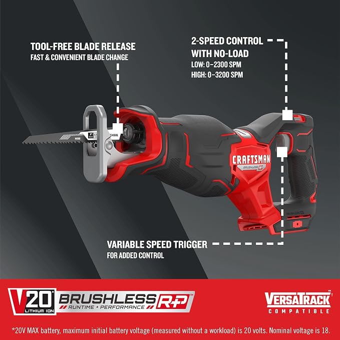 CRAFTSMAN V20 RP Cordless Reciprocating Saw, 3,200 RPM, 8 inch, Bare Tool Only (CMCS351B)