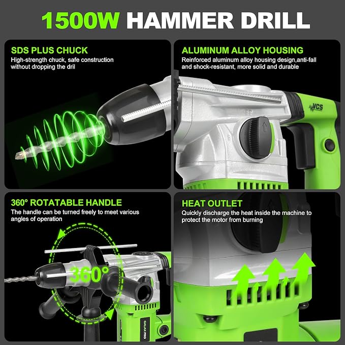 GALAX PRO SDS-Plus Rotary Hammer Drill 1500W 0-4000RPM, 4 in 1 Functions | 360° Anti Vibration Auxiliary Handle, Heavy Duty Electric Rotary Hammer Drill with Case,for Metal, Wood, Brick, Plastic