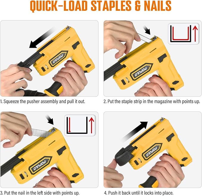 POPULO Electric Staple Gun, 2 in 1 Electric Stapler Tacker 4V Cordless Brad Nailer Kit, Battery Powered Nail Gun for Upholstery, Carpentry, DIY with Staple Remover, 1600 Staples and Nails, Yellow