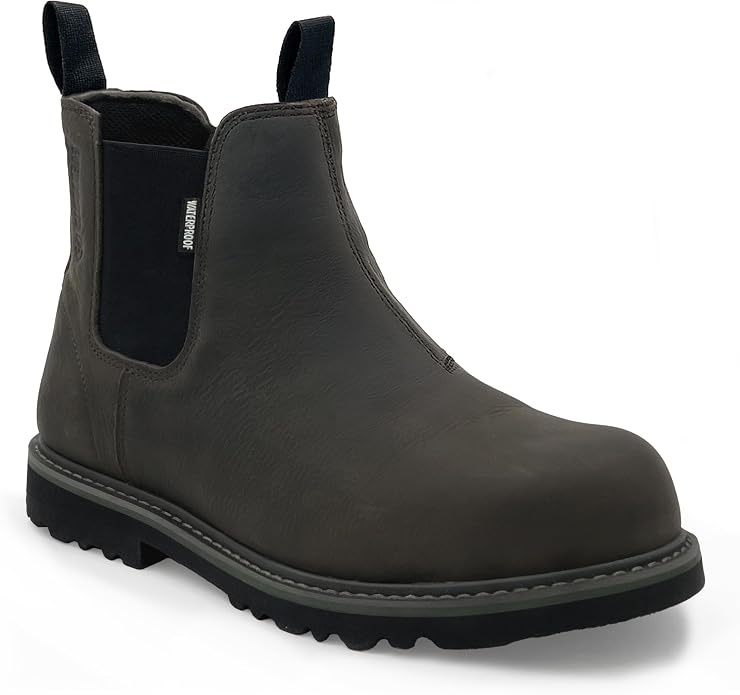EVER BOOTS Waterproof Steel Toe Boots for Men Slip on Pull on Dark Brown
