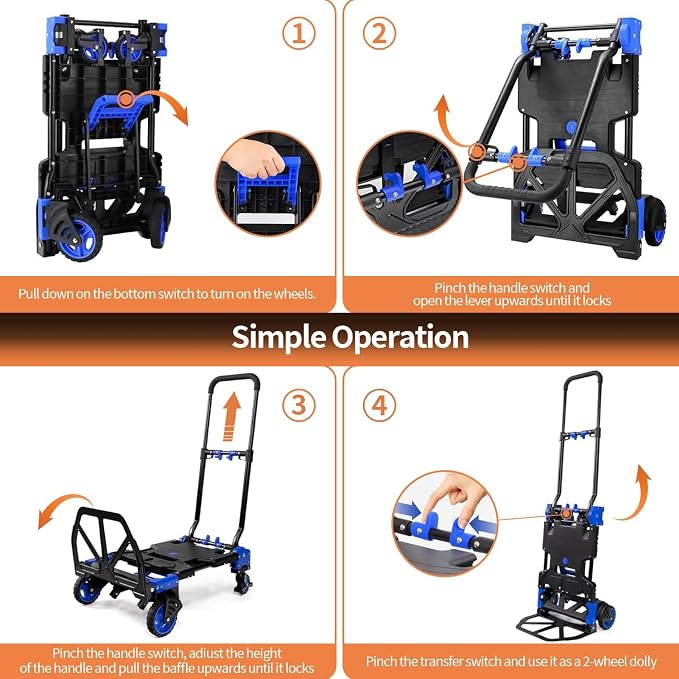2 in 1 Folding Hand Truck with Folding Basket,330lbs Capacity Heavy Duty Hand Truck,with Telescoping Handle and Rubber Wheels,Portable Dolly Cart with Bungee Cords for Moving,Travel,Shopping