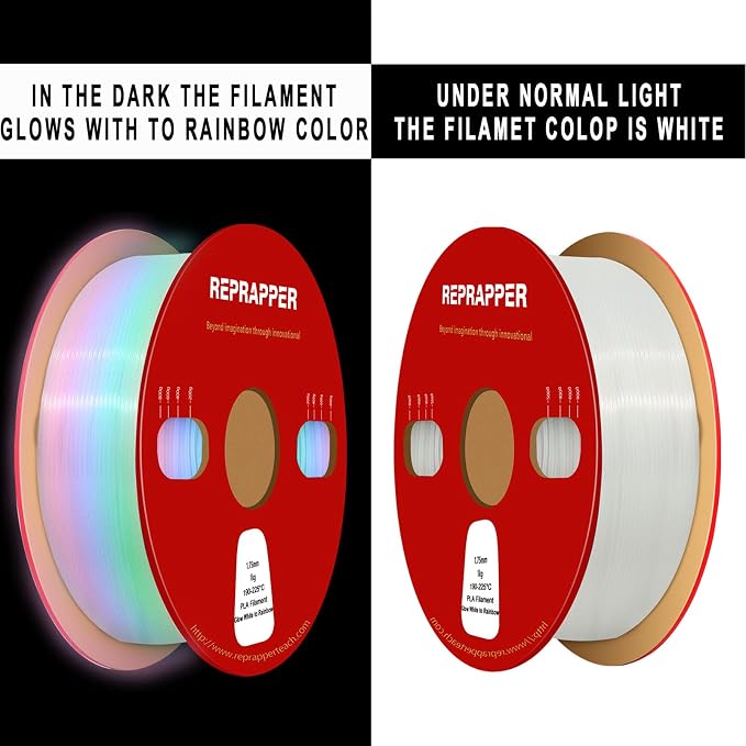 RepRapper Glow in the Dark White to Rainbow PLA Filament 1.75mm (+- 0.03mm) 2.2lb (1kg) for 3D Printer, White Material with Rainbow Multicolor Glow Effect