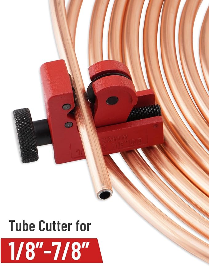 25 ft 3/16in &1/4in Copper Coated Brake Line Flaring Tool Kit, Includes 3-in-1 Tube Bender, Double & Single Flaring Tool Set, 1 Tube Cutter, 4 Threads Unions, 40 Fittings