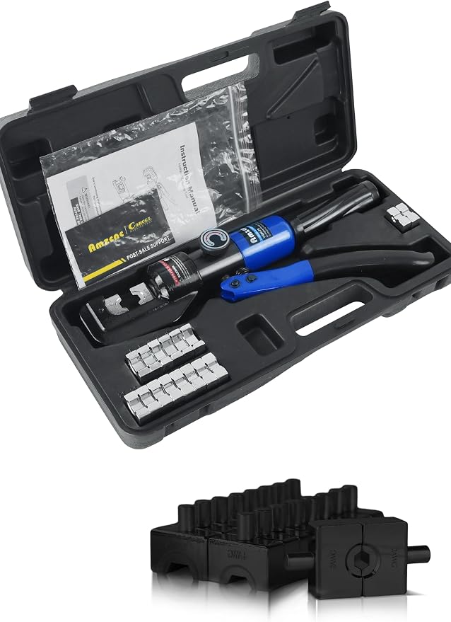 AMZCNC Hand Operated Hydraulic Crimping Hydraulic Cable Lug Crimper 8 US TON 12 AWG to 00 (2/0) Electrical Terminal Cable Wire Tool Kit with 9 Die