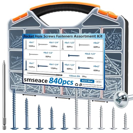 smseace 840Pcs Pocket Hole Screws Assortment Kit #8 x 1, 1-1/4", 1-1/2", 2", 2-1/2" Blue Coated and Zinc Coated Square Drive Pocket Screws with 150mm Drive Bit Wood Screw Set