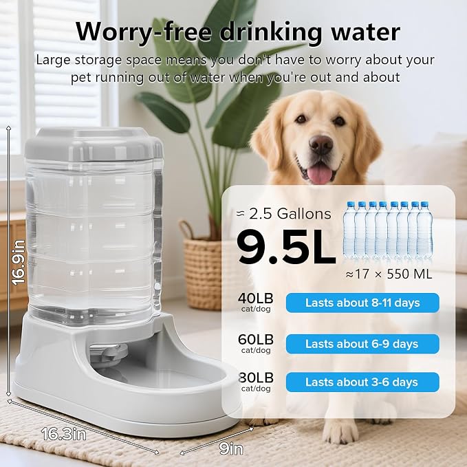Kenond 2.5 Gallon Automatic Dog Water Dispenser, Gravity Water Bowl for Dogs, 9.5L Large Dog Water Bowl Dispenser, Suitable for Indoor/Outdoor Pet Dogs