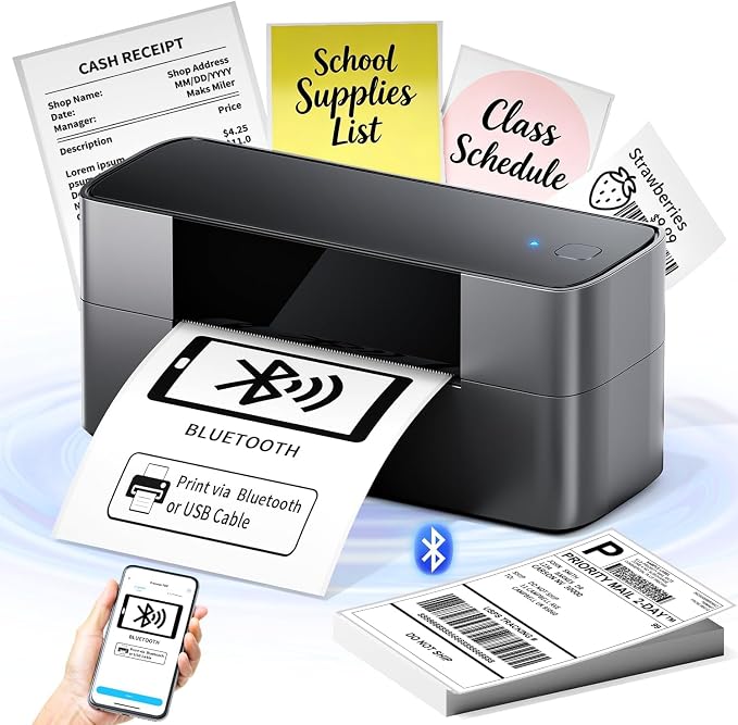 Bluetooth Shipping Label Printer 4x6, Wireless Desktop Thermal Label Printer for Small Business, Compatible with Android, macOS TIK Tok, Amazon, Shopify, Etsy, USPS