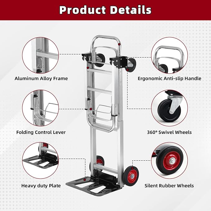 Aluminum 3-in-1 Folding Hand Truck, 500Lbs Heavy Duty Dolly Cart with 2 Large 6-Inch Quiet Rubber Wheels, 2 360° Swivel Wheels, 2 Bungee Cords, Portable Dolly for Home, Office, Warehouse, Packages