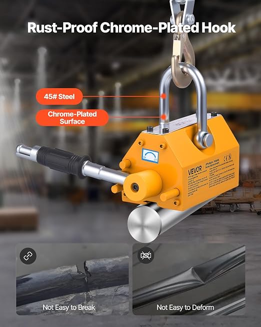 VEVOR Permanent Magnetic Lifter, 880 lbs Pulling Capacity, Heavy Duty N42 Neodymium Lifting Magnet with Release Handle and Steel Hook, Used in Shop Crane and Hoist, for Lifting Plate Steel, Board