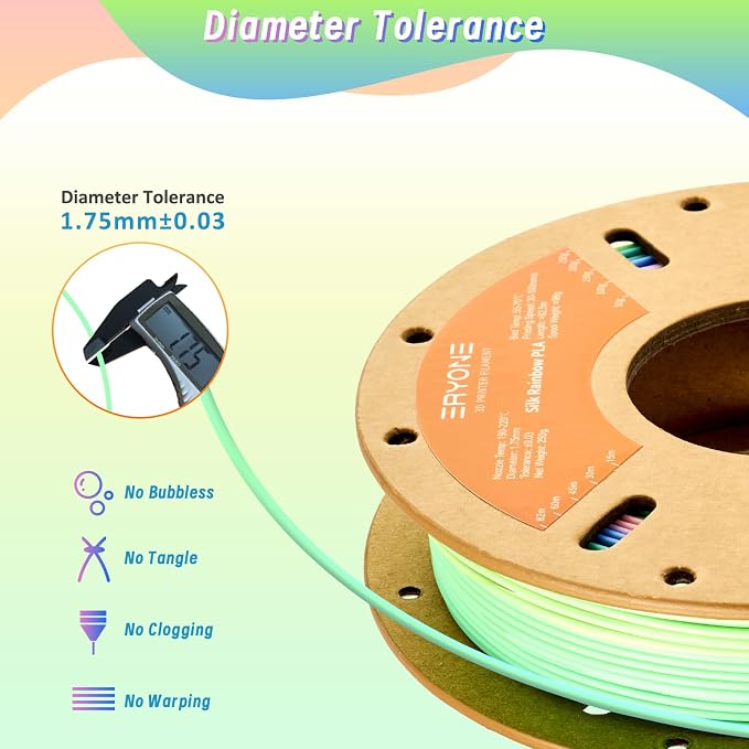 ERYONE PLA Filament 3D Printer Filament Multicolor 1.75mm +/- 0.03mm, PLA Filament 250g Spool, Matte Rainbow Watercolor