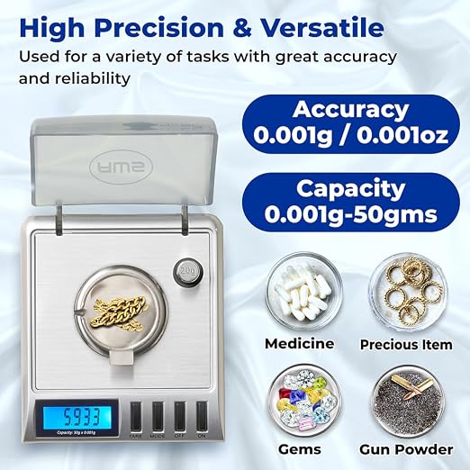 AWS Gemini-50 Milligram Scale 50g x 0.001g–Digital Jewelry/Lab Scale for Powder, Gold, Gems – Includes Calibration Weights, Tweezers & Tray–Tare, Cal, 6 Units (Gemini-50g-Silver)