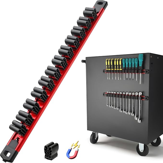 Reniteco Magnetic Screwdriver Organizer and Magnetic Wrench Organizer, Aluminum Rail Tool Holder, 12 Removable Clips, Fits Screwdrivers, Wrenches & Hand Tools, Dual Mount, Tools Not Included