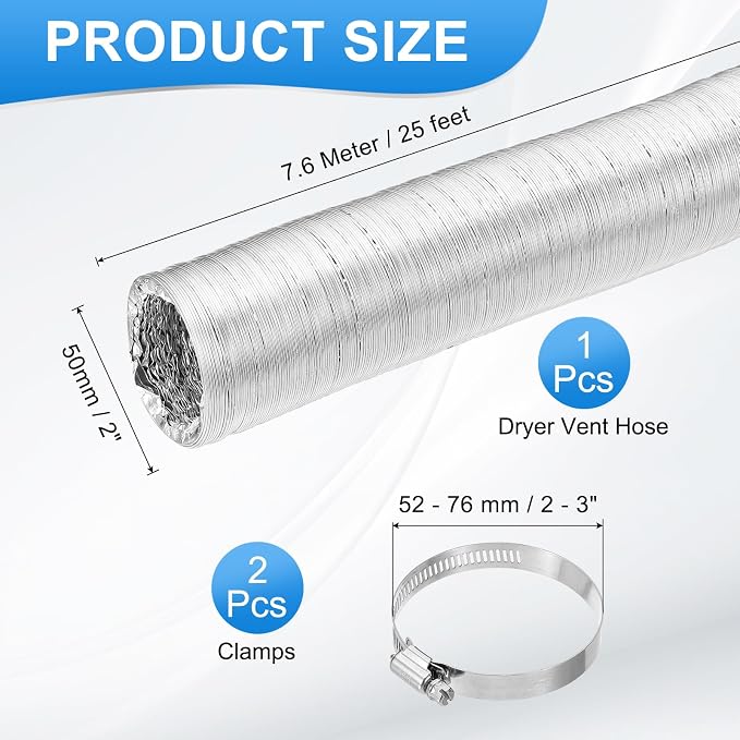 PATIKIL 7 Feet Dryer Vent Hose, 3 Inch Diameter Flexible Aluminum Ducting Flex Air Ducting Dryer Vent 2 Clamps Included for Heating Ventilation Air Conditioning, Silver